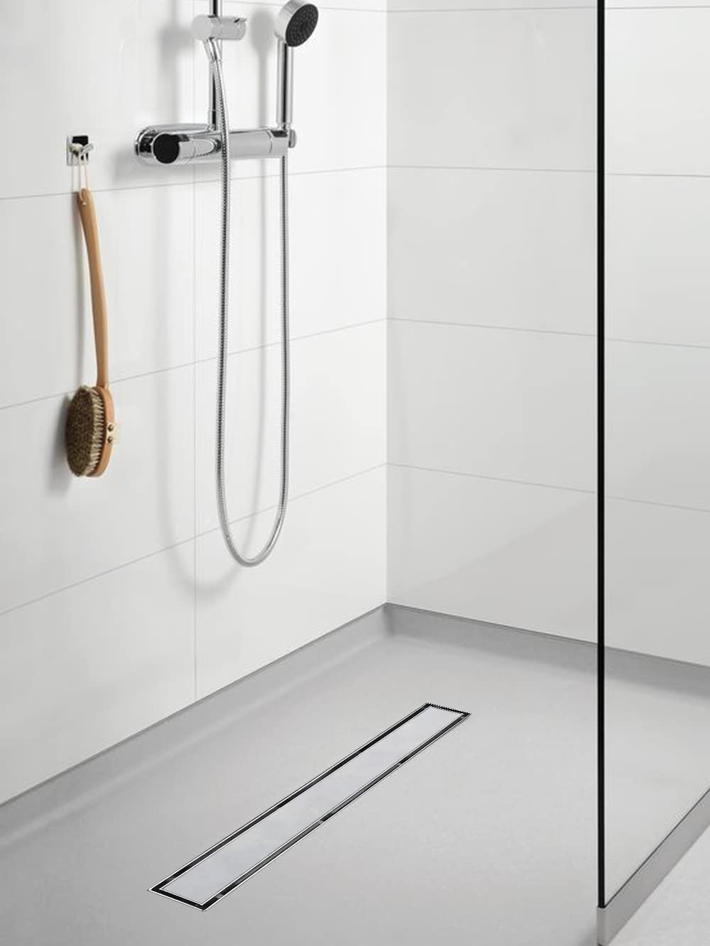 Elefloom Linear Shower Drain, 60 inch Drain with Tile Insert 2-in-1 Panel, Brushed 304 Stainless Steel Shower Floor Drain, Linear Drain with Hair Strainer and Adjustable Feet