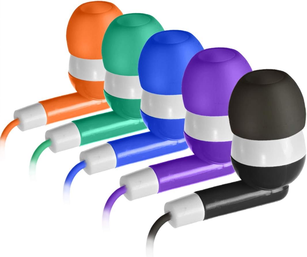 30 Pack 5 Keewonda Multi Color Earbuds for Kids, In-Ear, Wired, Colors (Black, Blue, Orange, Green, Purple), Compatible