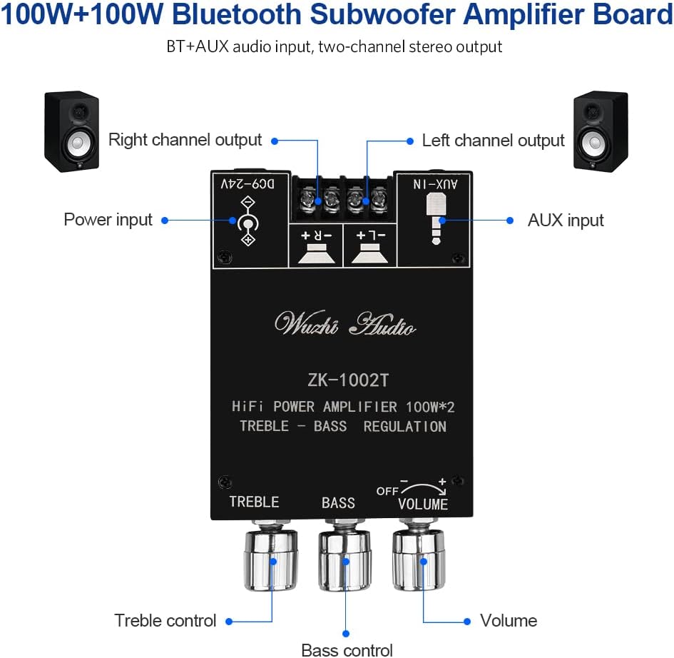 ZK-1002T 2.0CH 100W*2 9-24V Bluetooth Amplifier Board Mini Audio AMP with Treble and Bass Control, BT and AUX Inputs