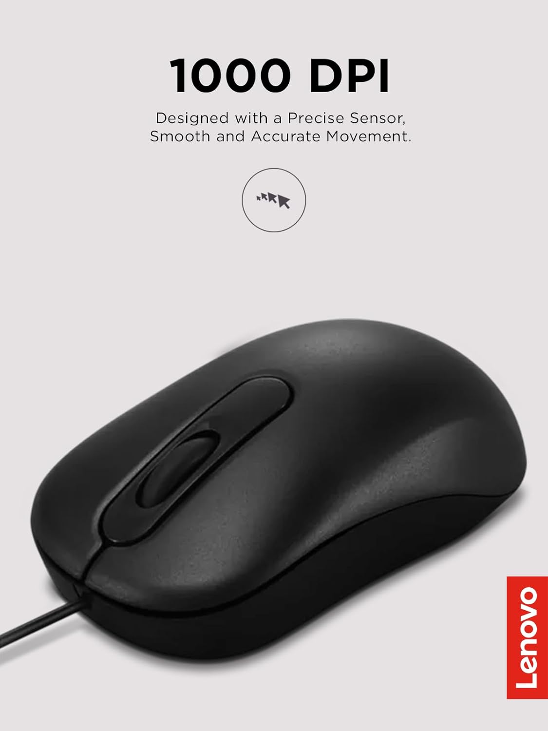 Lenovo 100 3 Wired USB Computer Mouse for PC, Laptop, Computer with Windows - Full-Size - Ambidextrous Design - Buttons
