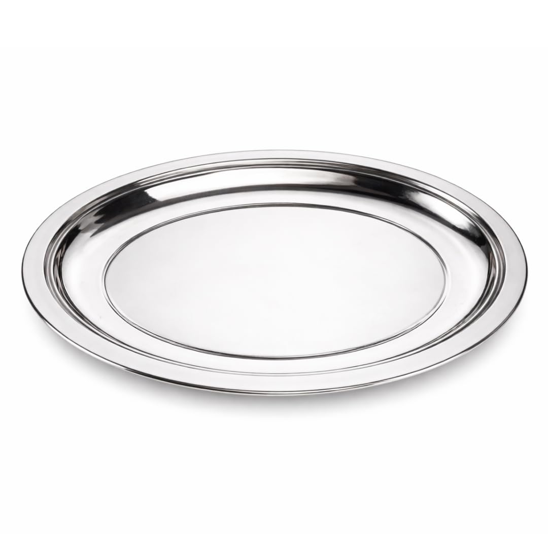 Chandler Stainless Steel Serving Tray 14 Inches | platters and trays for parties, Premium Oval Silver Platter for Serving Food, Party Trays, Turkey Platter