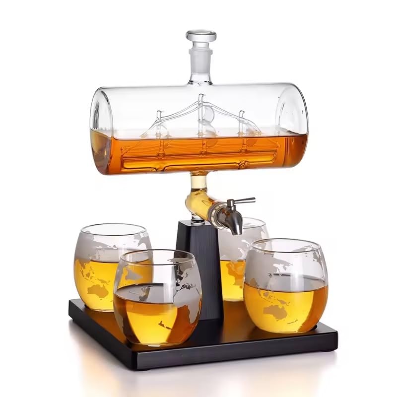 TRUCART - Boat Whiskey Decanter Set with 4 Glasses – 1100ml Elegant Ship-in-Bottle Design on Wooden Base – Premium Glass & Wood, 310ml Glasses – Luxury Gift for Whiskey Lovers, Office or bar