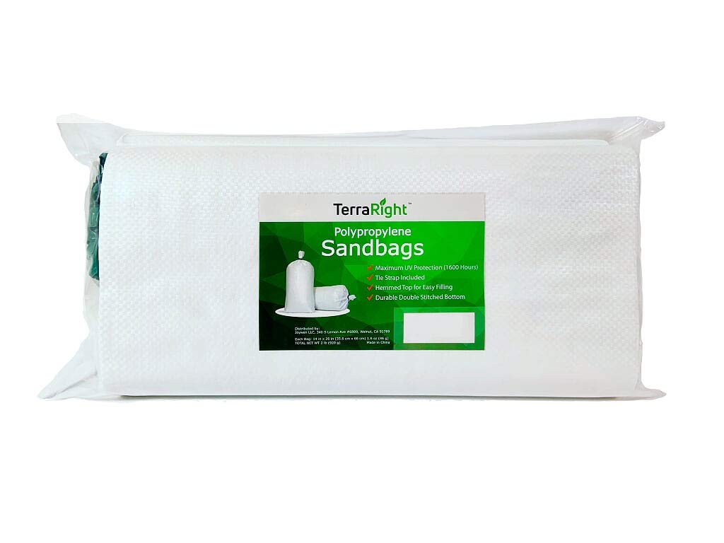 TerraRight Sandbags - Extra Durable Empty White Woven Polypropylene Sand Bags w/Ties, Max. UV Protection, 14" x 26" (10 Count)