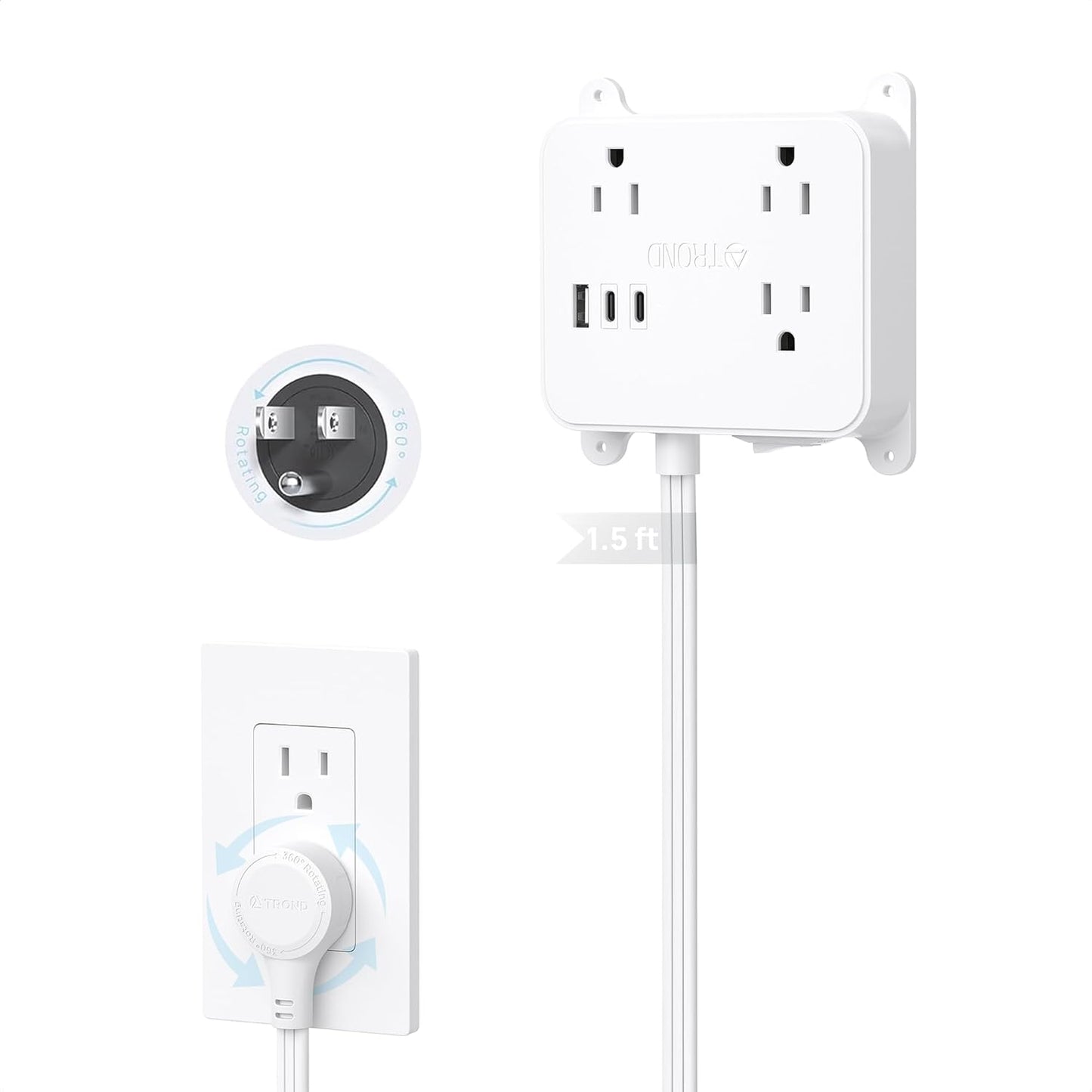 TROND 360 1.5FT 3 2 Rotating Plug Outlet Extender, Short Extension Cord, AC Electrical Extendable Outlet with USB C