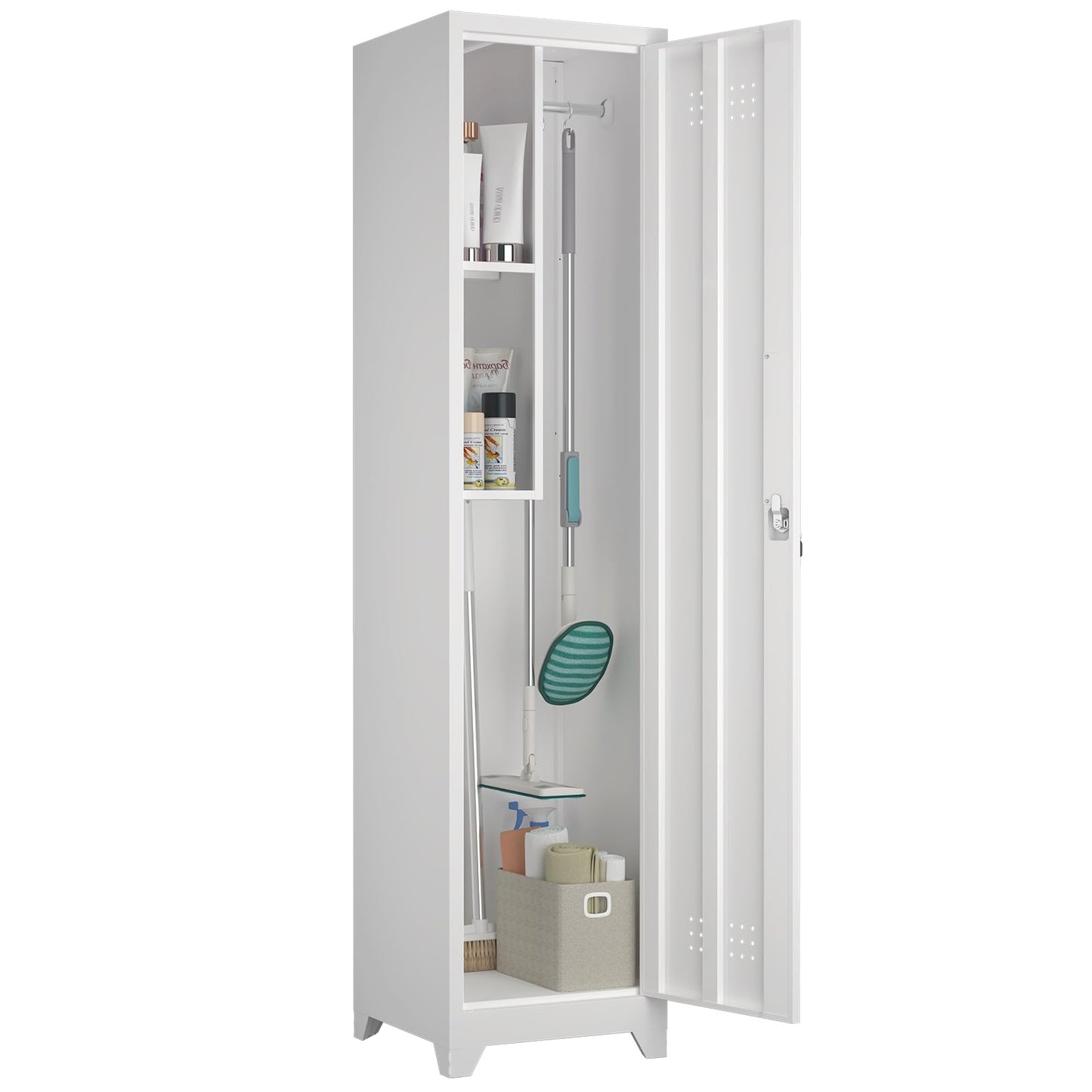STEELIST Slim Broom Storage Cabinets, Metal Cabinet with Shelves and Hanging Rod, 15.75" W Utility Storage Cabinet with Locking Door, Slim Cabinet for Small Spaces, Kitchen, Pantry, Office, Shop