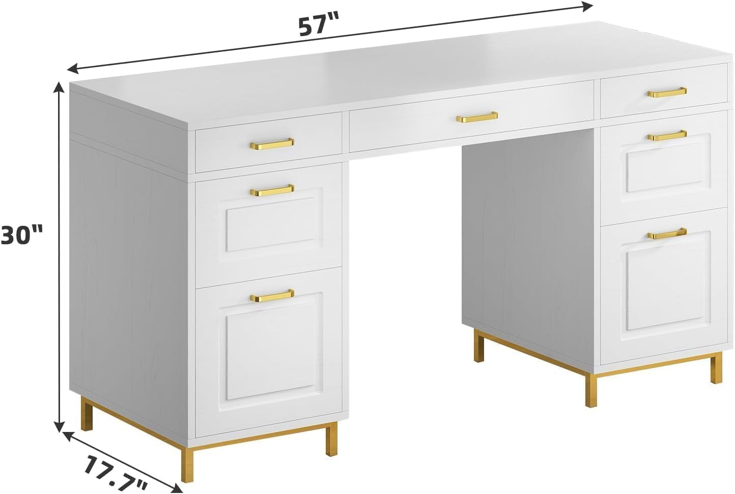 MaverickFurni White and Gold Desk with 2 File Drawers, 57 Inch Office Computer Desk with 7 Drawers, White Desk with Storage, Wooden Executive Desk for Office, Workspace for Work Study Writing