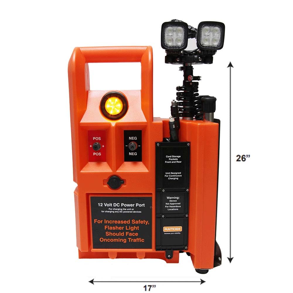 Plasticade Flagger Lighting Station & Work Area Light, 4,000 Lumens, Portable, Waterproof Case, Adjustable Heads, 8-Foot Light Elevation, Temporary Construction in Any Weather