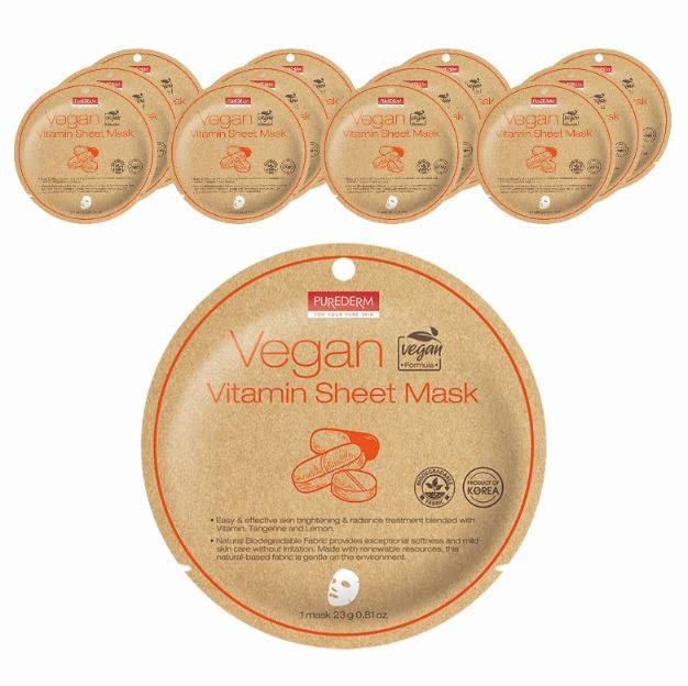 Purederm Vegan Vitamin Sheet Masks (12 Packs) ??Facial Sheet Mask for Brightening & radiance Treatment