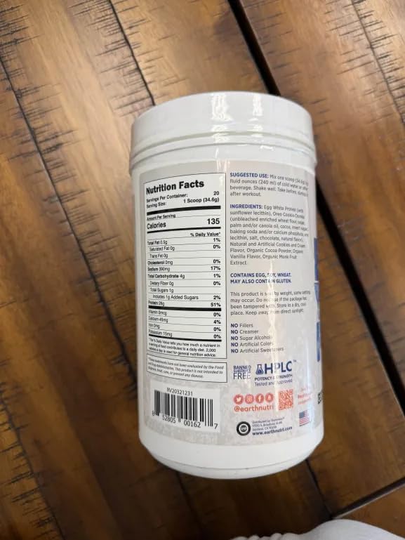 EarthNutri - Egg White Protein Powder Supplement for Pre, Intra or Post Workout, 26g of Protein Per Serving, Supports Muscle Strength & Recovery, No Artificial Additives - Cookies 20 Servings (640g)