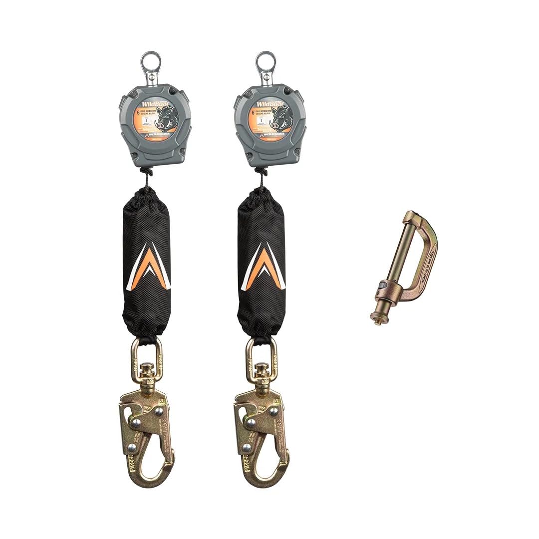 Malta Dynamics Wild Boar 6’ Dual Self Retracting Lifeline – SRL Fall Protection Lanyard with Steel Snap Hook for Construction Site Safety, OSHA and ANSI Compliant