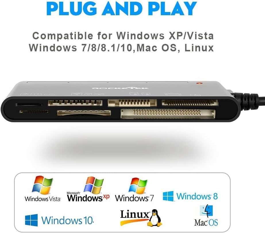 Rocketek 3.0 7-in-1 MMC Read/Writer(5Gbps) USB SD Card Reader, Multi Memory Card Reader for SD SDXC SDHC Micro SD CF MS
