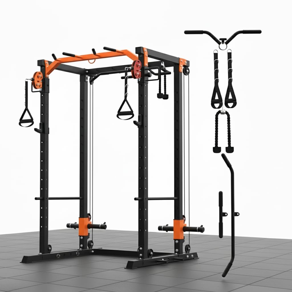 GarveeLife Power Cage, All-in-1 Home Gym with LAT Pulldown & Cable System, 2000LBS Squat Rack for Home & Garage & Apartment Use, Workout Cage with More Attachments (Orange