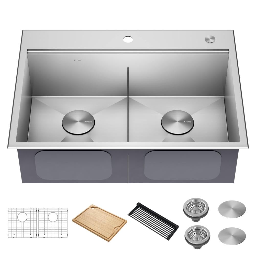 KRAUS Kore 30-Inch Drop In/Top Mount Workstation 16 Gauge 50/50 Double Bowl Stainless Steel Kitchen Sink with Accessories, KWT302-30