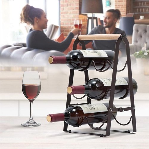 HMKAIJUFUL Wine Rack, 6 Bottle Wooden Countertop Free Standing Shelf,3 Tier Bottle Holder Stand for Home Bar Tabletop, Cabinet Inserts, Kitchen, Wine Cellar Storage No Assembly(Black)