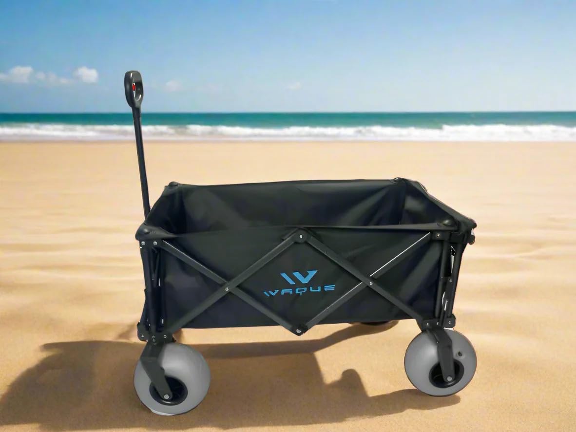WAQUE Folding Utility Wagon Cart, Tires for Sand Heavy, Duty Beach Garden Cart with Sand Wheels (Black)