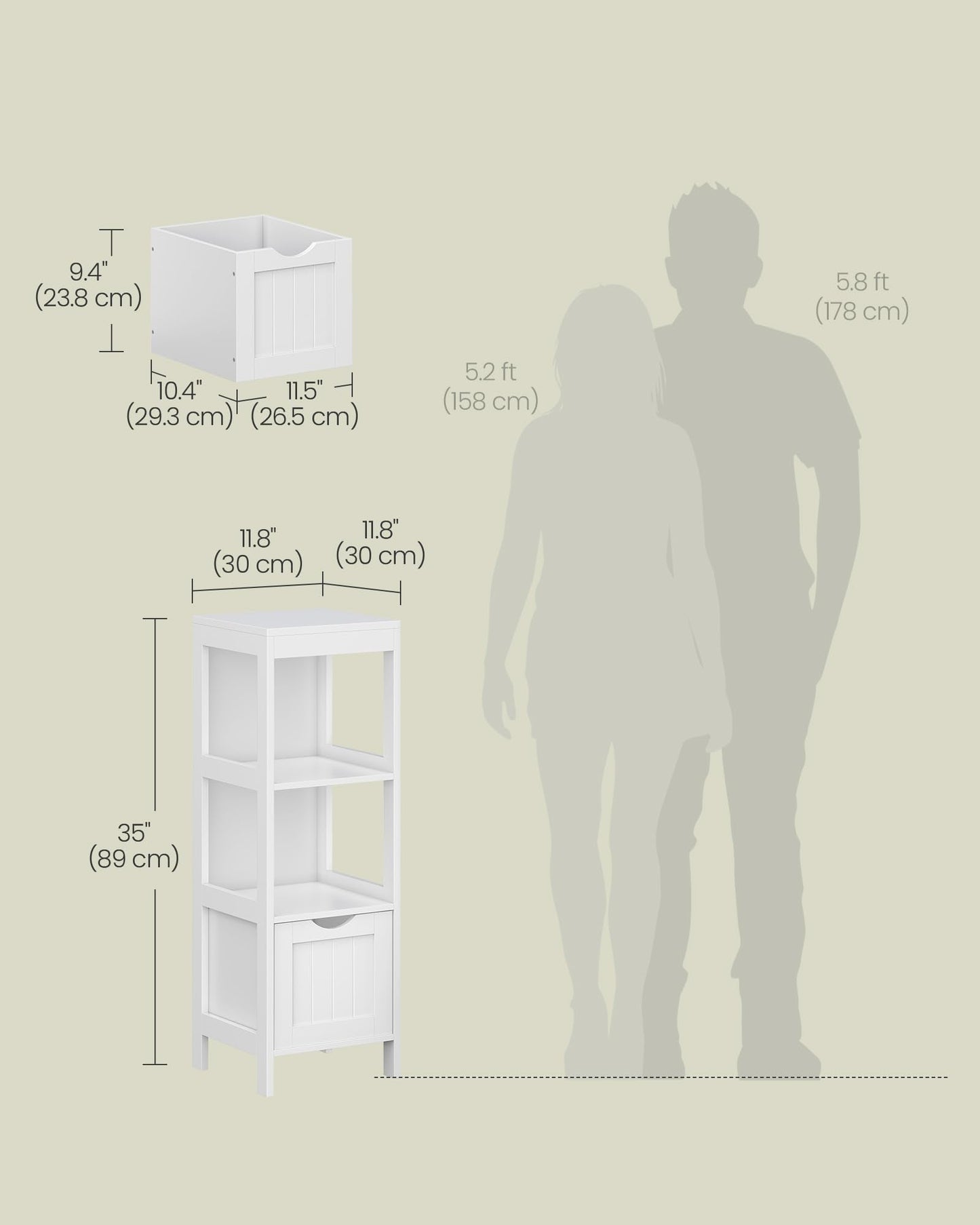 VASAGLE Storage Cabinet, Storage Organizer Rack Stand for Bathroom, Living Room, Multifunctional Corner Unit, 2 Drawers, 35 Inches in Height, White UBBC42WT
