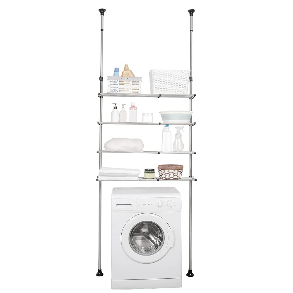 BAOYOUNI 4-Tier Expandable Laundry Shelf Over Toilet Washer Dryer Storage Rack Floor to Ceiling Bathroom Organizer Space Saver Tension Pole for Small Spaces, Black