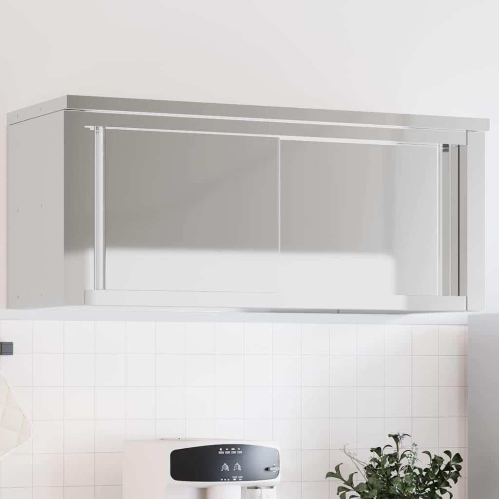 vidaXL Stainless Steel Kitchen Wall Cabinet with Sliding Doors - 43.3x15.7x18.1 in, Silver, Wall-Mount Storage for Commercial Kitchens, Bars, Schools, 376443