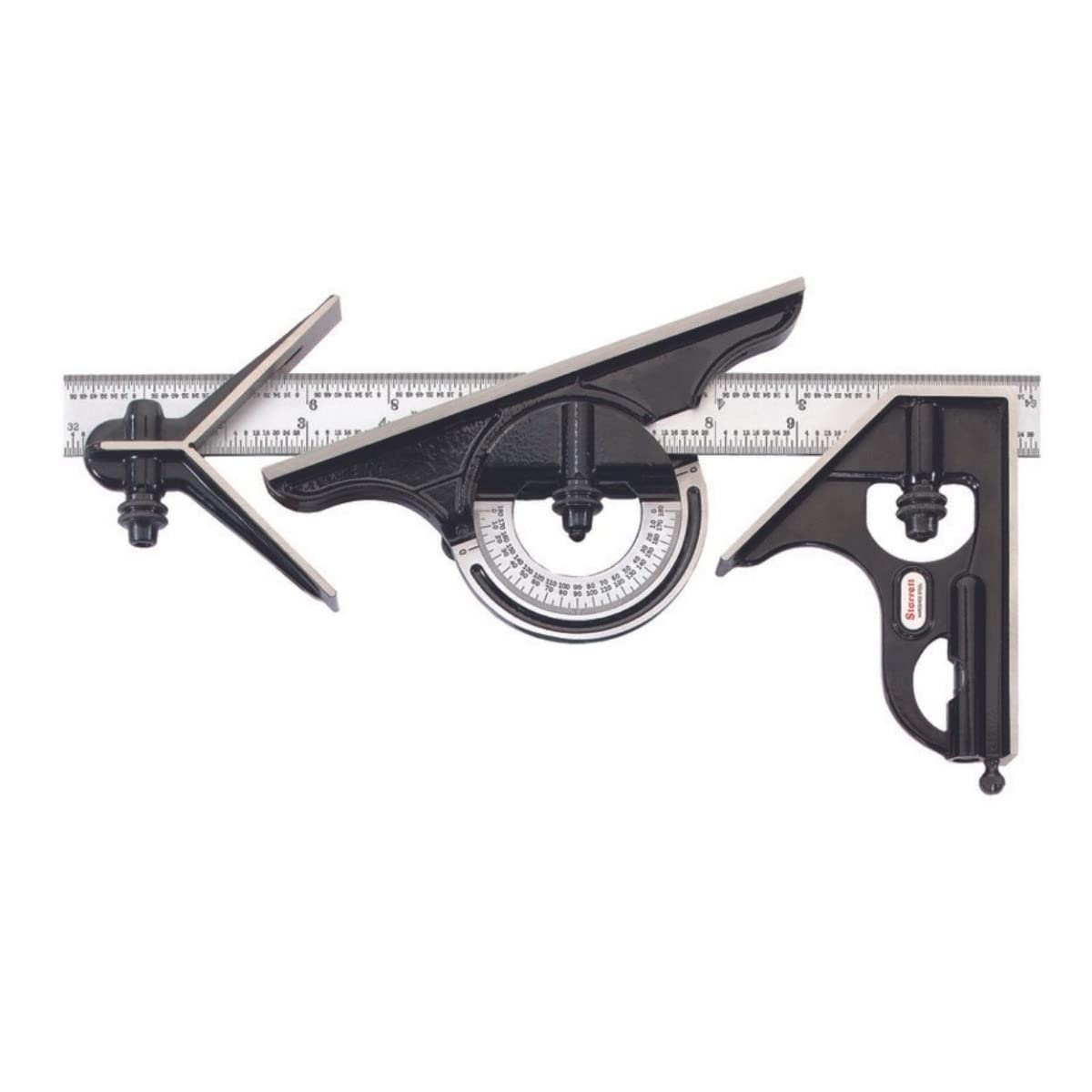 Starrett Combination Set with SLC, Square, Center and Reversible Protractor Head - 12" Blade Length, Forged and Hardened Steel Heads, 4R Graduation Type - C434-12-4RW/SLC