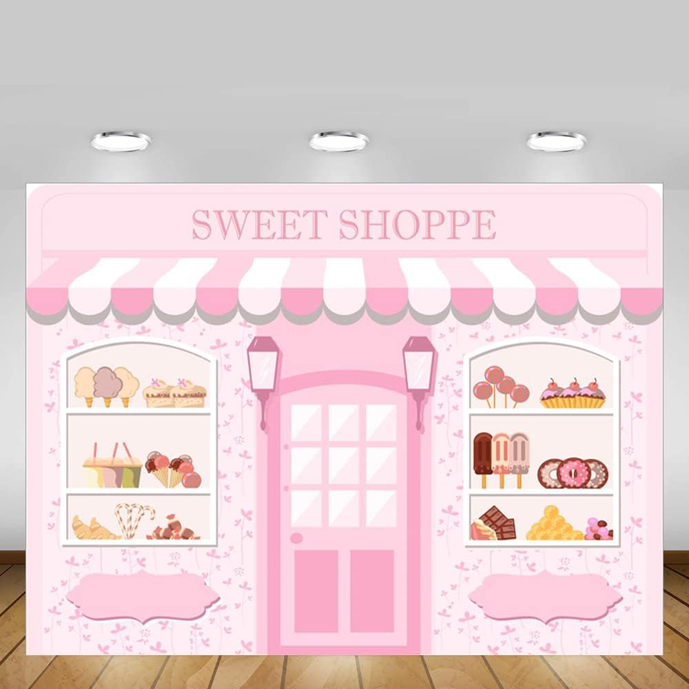 MEHOFOND 7x5ft Pink Sweet Shoppe Backdrop Dessert Parlor for Girls Birthday Photography Background Kids Party Banner