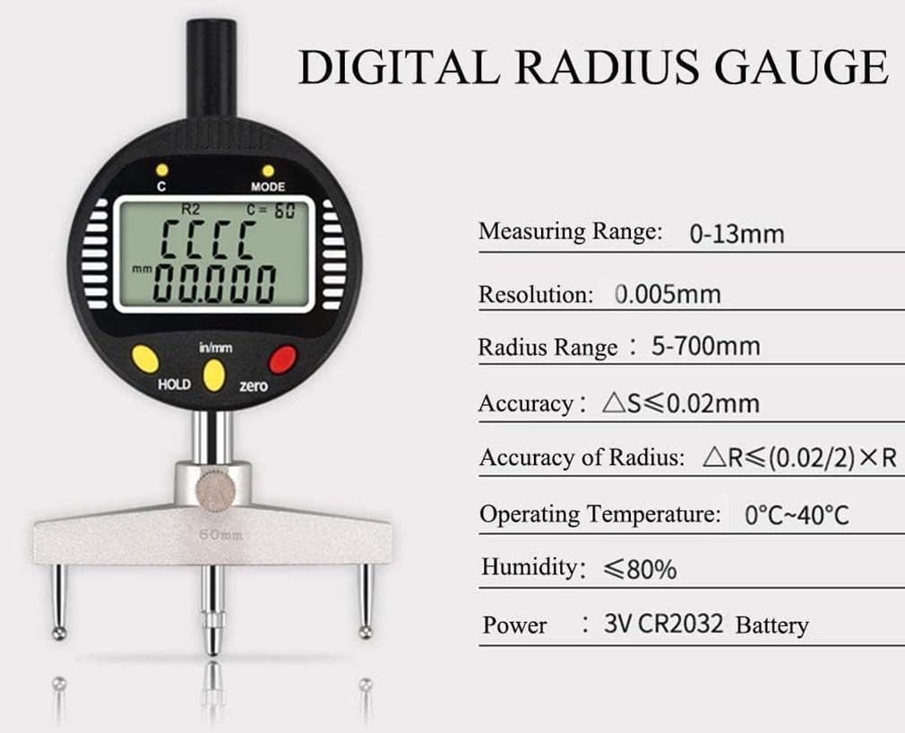 AICEYI Digital Inner and Outer Radius Measuring Instrument with 10mm/20mm/30mm/60mm/100mm Replaceable Measuring Claws,Black Radius Range: 5-700mm (0.2-27.5in”), Linear Range: 0-12.7mm (0-0.5in”)