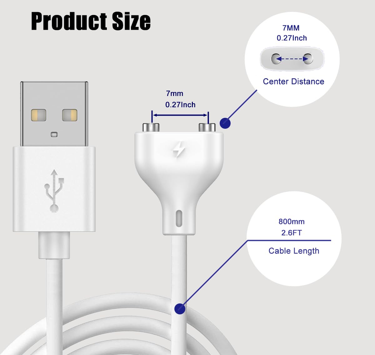 2.6Ft 2Pack (7mm/0.27in) Magnetic USB DC Charger Cable Replacement Charging Cord