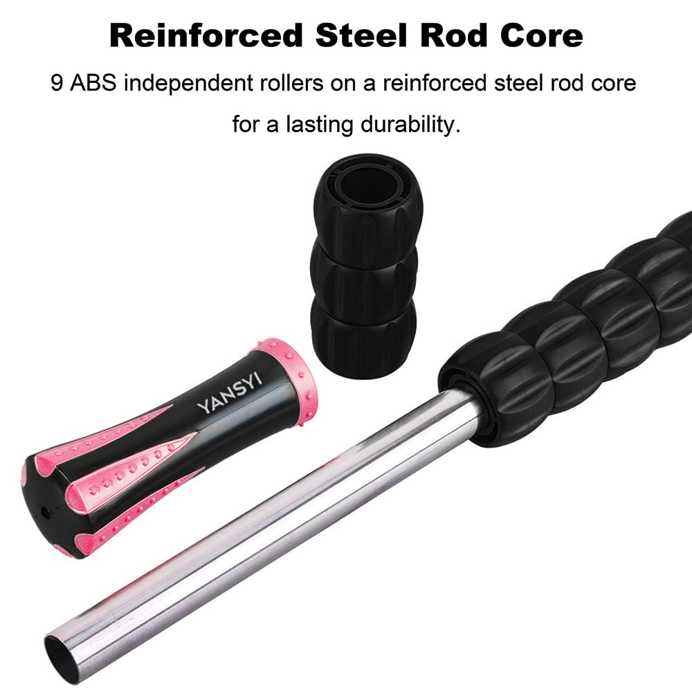 YANSYI Professional 9-Roller Deep Tissue Massage Stick - Portable Muscle Recovery Roller for Athletes, Relieves Post-Workout Soreness & Leg/Back Pain - Portable Physio Tool (Pink)