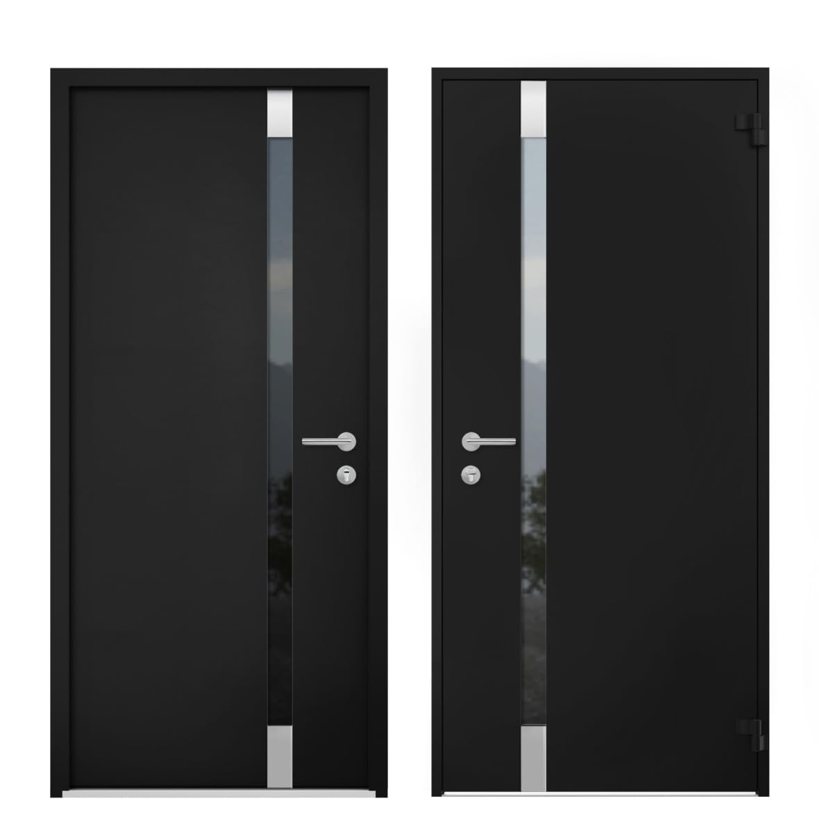 VDOMDOORS Front Exterior Prehung Steel Door/Cynex 6777 Black/Side Exterior Window/Stainless Inserts Single Modern Painted-W32+12" x H80-Right-hand Inswing