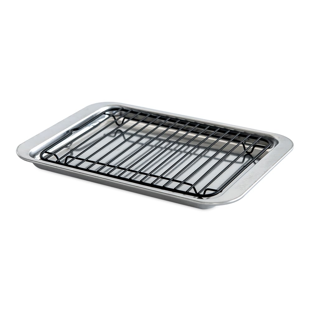 Nordic Ware Naturals 2 Piece Compact Pan Set, Toaster Oven, Counter Ovens, Air Fryer and Broiler Safe, Personal Size for 1-2 Portions - Includes Compact Baking Sheet with Broiling Rack