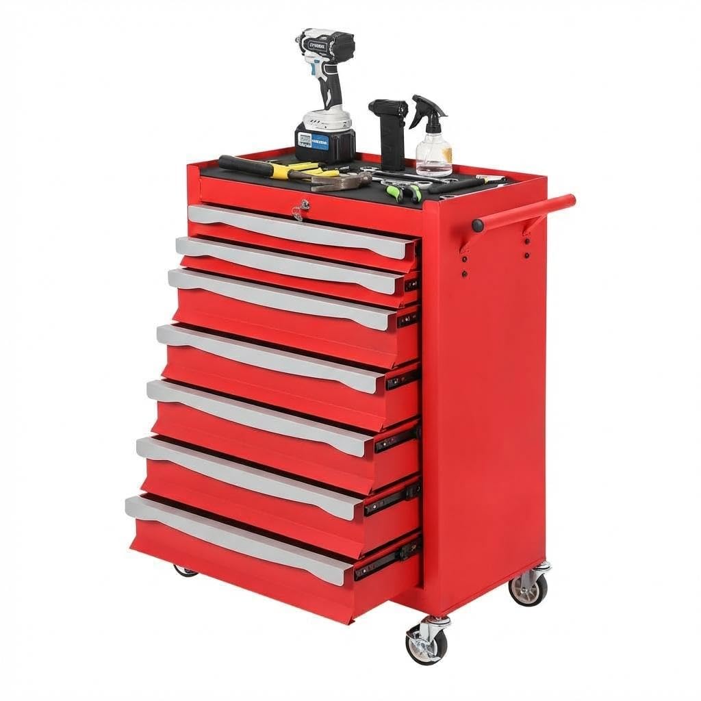 7-Drawer Tool Chest, Rolling Tool Cart with Wheels, Large Capacity Tool Storage Cabinet with Keyed Locking,Drawer Liners&Link Buckle, for Garage, Workshop, Warehouse,24.21"L * 13.78"W * 34.06"H Red