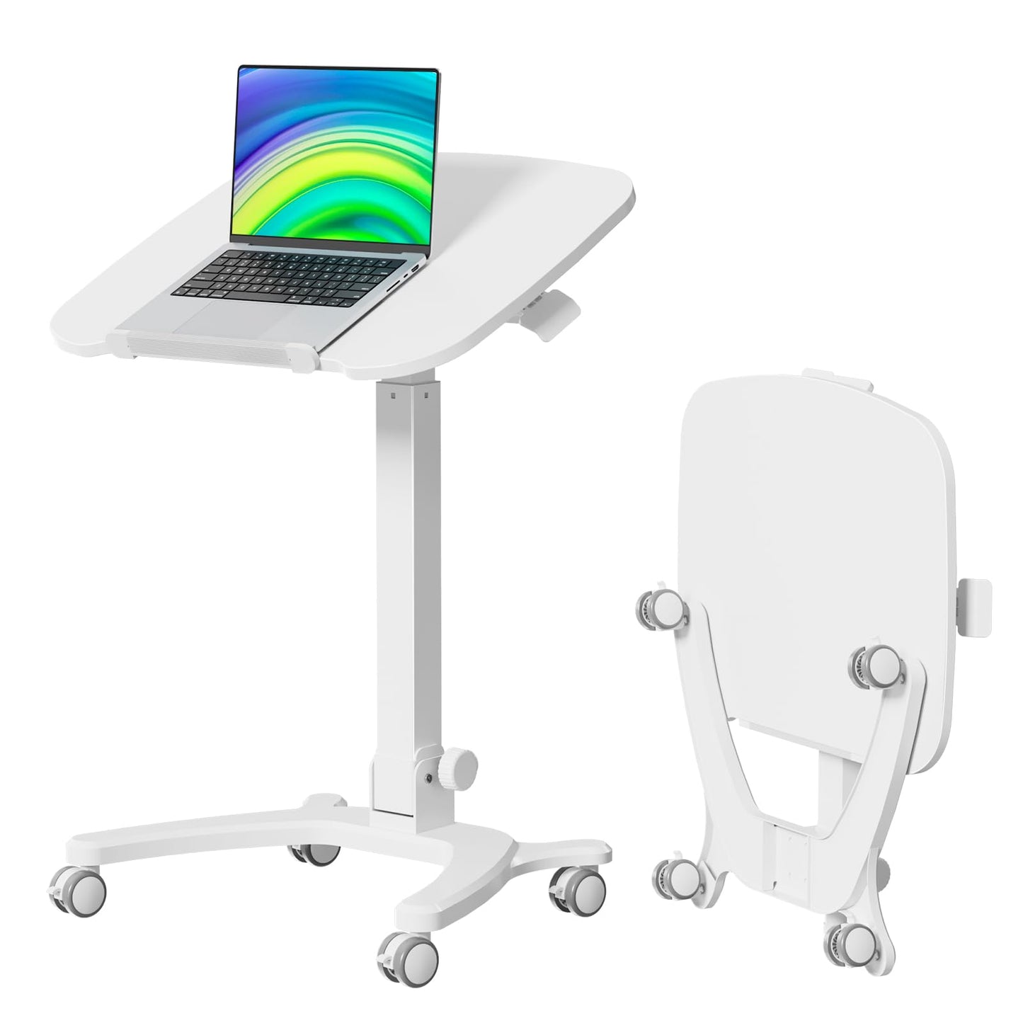 JYLH JOYSEEKER Foldable Mobile Standing Desk, 27"×21" Portable Rolling Laptop Cart with 90° Tiltable Board, Height Adjustable Workstation with Wheels, Folding Table for Home Office, White