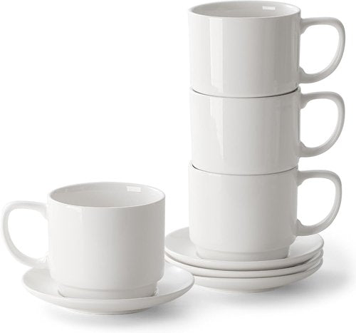 DOWAN 12oz Coffee Mugs - White Ceramic Cappuccino Cup & Saucer Set of 4 | Microwave Safe for Home & Office