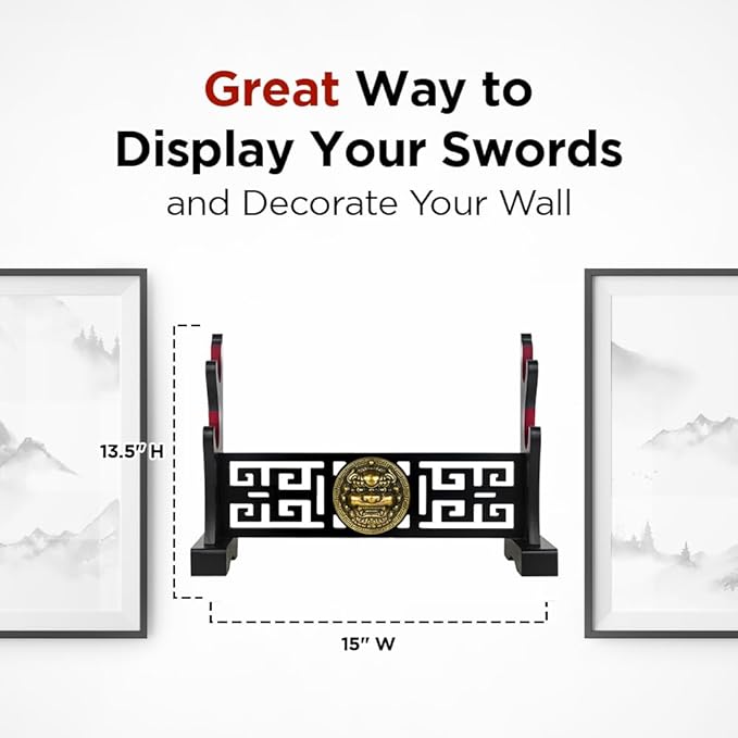 Logest Sword Stand - 4 Tier Options Available - Crafted Using Wood Katana Holder - Furnished in Black With a Gold Lion?™s Head - Desirable Sword Display Gift Option - Sword Holder Katana Stand (2-Tier)