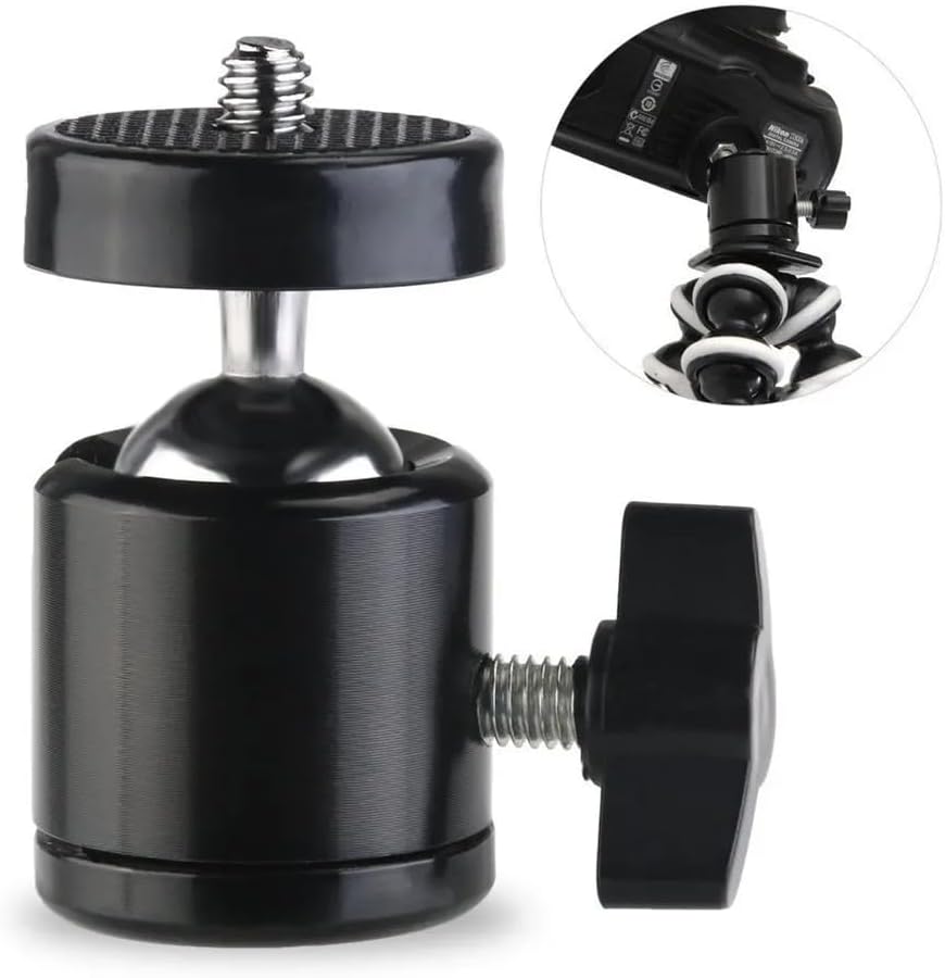 Reflex Camera 360 1/4''-20 Swivel Mini Tripod Ball Head with Screw for GoPro, DSLR, Camcorder, LED Light Adjustable