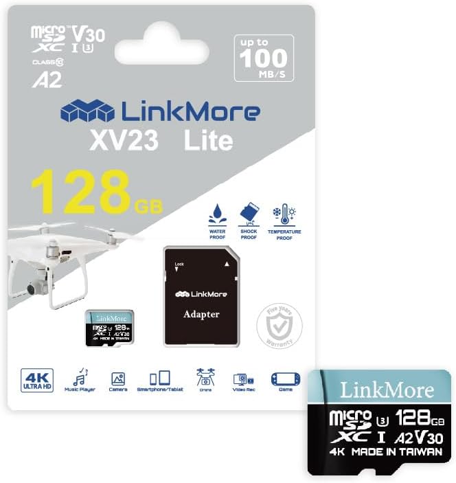 LinkMore 128GB A2, U3, V30, 10 100MB/s, 85MB/s, Lite Micro SD Card, UHS-I, Class Compatible, Max Sequential Read up