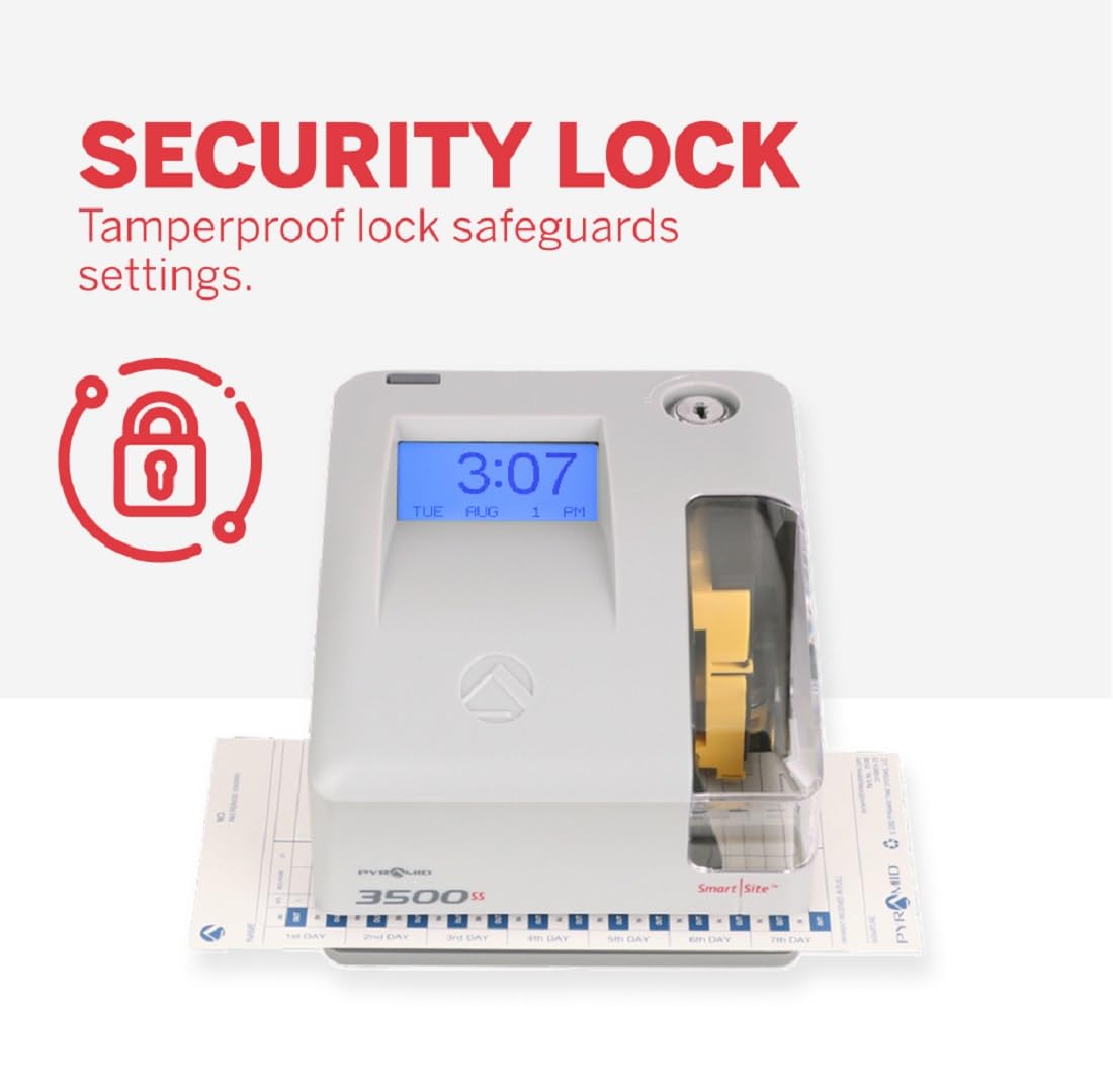 Pyramid Time Systems - 3500SS Employee Automatic Time Clock Bundle for Payroll Tracking and Attendance Management, Punch Clock with SmartSite Alignment, 25 Time Cards, 1 Ribbon and 2 Security Keys