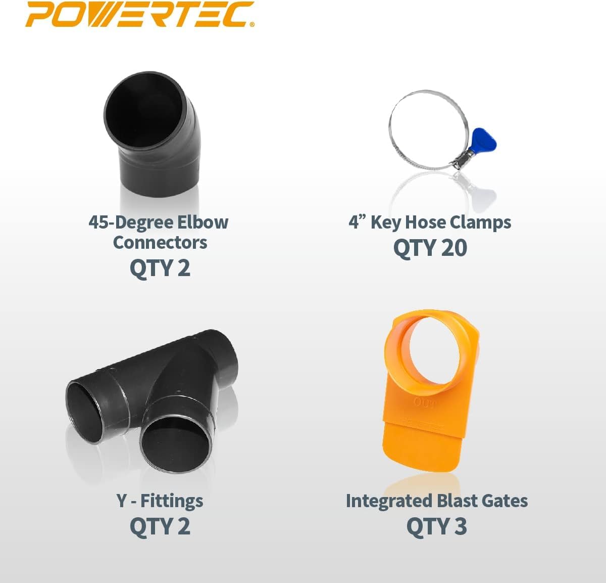 POWERTEC 4" x 20' Dust Collection Hose with Cone Reducer and Fittings Kit for Table Saw, Band Saw, Planer, Jointer, Woodworking and Wood Shop Dust Collection System (70430)
