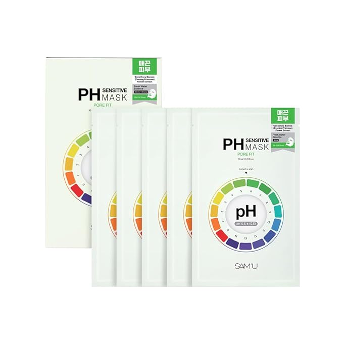 SAM?™U PH Sensitive Pore Fit Face Mask ??Pore Tightening & Exfoliating Vegan Sheet Mask with AHA, BHA, PHA, LHA, Texture Refining, Travel-Friendly Korean Skincare (5 Sheets)
