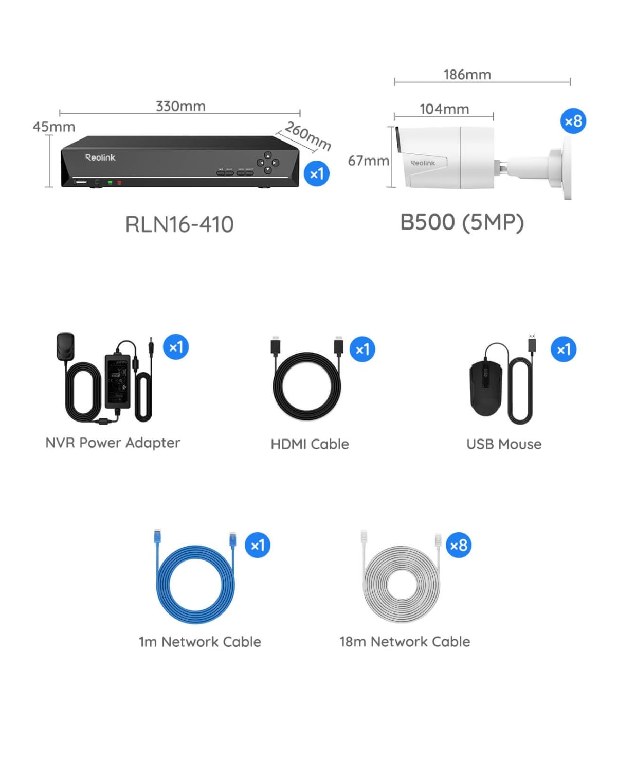 REOLINK 16CH 5MP Home Security Camera System, 8pcs Wired Outdoor PoE IP Cameras with Smart Detection, 8MP 16CH NVR with 4TB HDD for 24-7 Recording, High Bitrate & Clear Stream, RLK16-410B8-5MP