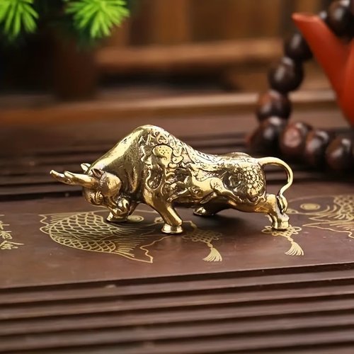 Bronze Rich Floral Design Brass Zodiac Ox Statue - Decorative 2-Piece Cow Figurine
