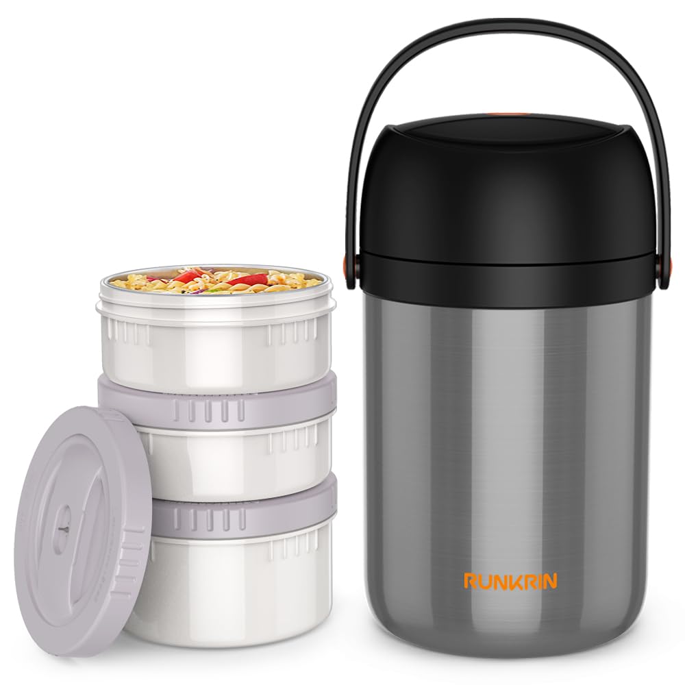 Runkrin 64oz Insulated Food Jar, 3-Tier Stackable Thermal Lunch Box, Keeps Food Hot 6 Hours, Leak-Proof, BPA-Free, Stainless Steel Container, Portable, Easy to Clean, for School, Work, Picnic