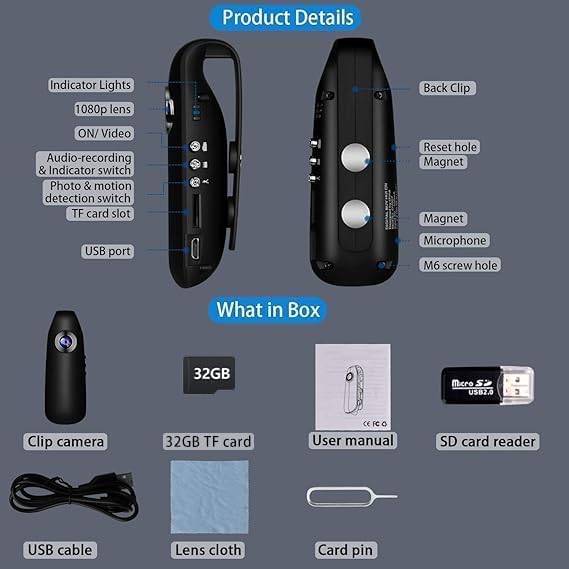Bextgoo 1080P 32GB 7HR Body Camera, Body Cam, FHD, Built-in TF Card, Battery Life, Night Vision, Time Stamp,Back Clip