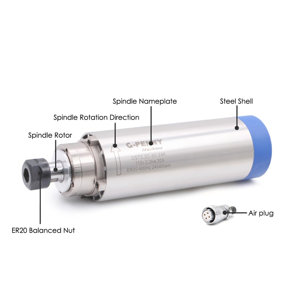 G-Penny 2.2kw ER20 220v Air Cooled Spindle Motor 0-24000rpm D=80mm 4 pcs Ceramic Ball Bearings Woor Working 0.01mm Accuracy for CNC Machine