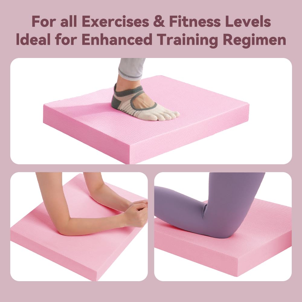 Pulgati Extra Large Yoga Exercise Balance Pad - Thick Non-Slip Stability Cushion for Pilates and Exercise - High Density Foam Trainer for Core Strength Home Gym - Bonus: 10-Position Resistance Band! (Pink, Extra Large)