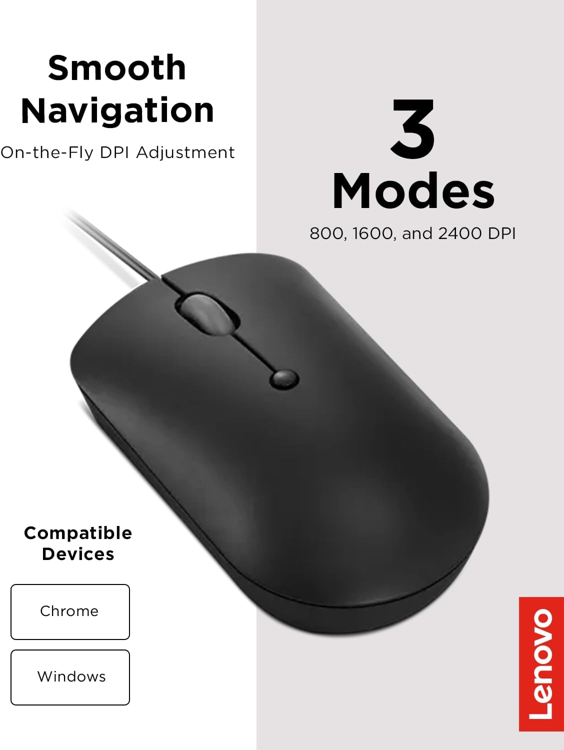 Lenovo 400 USB-C Compact Wired Mouse - Portable Black Design for Notebooks & Monitors