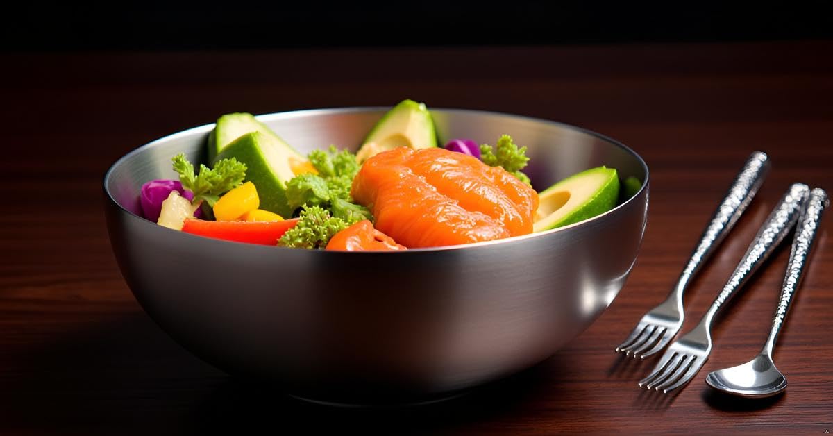 LANGMINGDE 6-Piece 304 Stainless Steel Pasta Bowl Set, 47 Fl Oz (8.7 Inches), Double-Layer Insulated And Heat-Resistant, Salad Bowl, Chilled Bowl, Ice Cream Bowl, Party Sauce Seasoning, Dining Bowl.