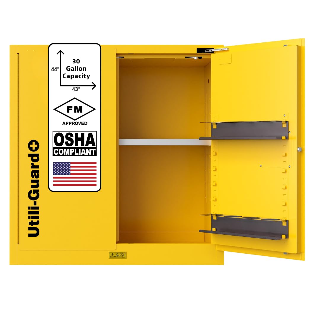 Justrite Utili-Guard 30 Gallon Self Close Flammable Storage Cabinet with 2 Shelf Accessories - 18 Gauge Steel - 2 Door Fire Cabinet - 44" x 43" x 22" - Made in The USA - Yellow - U893020
