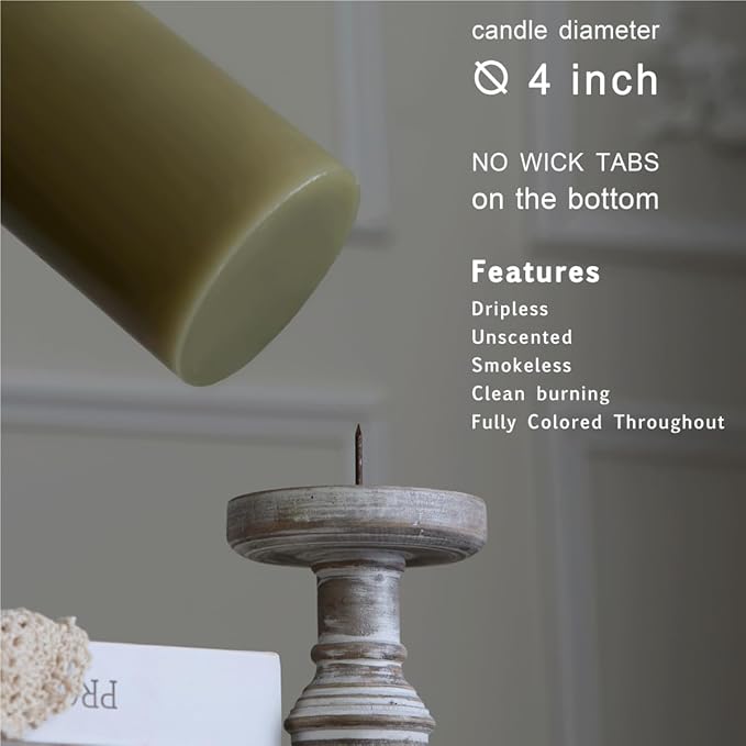 MOZEAL 4" x 10" Extra-Large Sage Pillar Candles (Set of 2), Unscented, Dripless, Smokeless, Long Clean-Burning, Tall 10 inch Large Sage Pillar Candles Perfect for Spring Weddings and Easter Decor