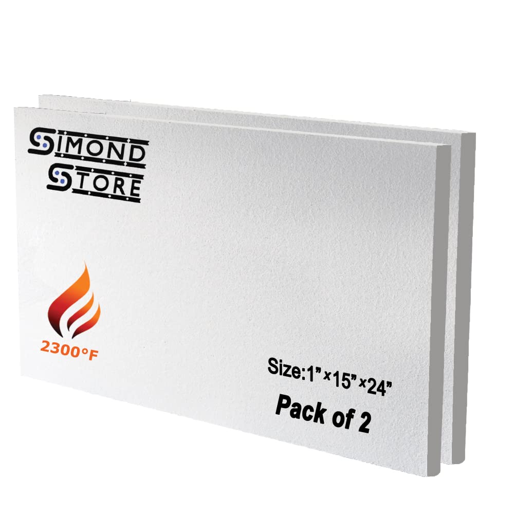 SIMOND STORE Ceramic Fiber Insulation Board - 2300F Rated, 1 Inch x 15 Inch x 24 Inch Refractory Board for Wood Stoves, Fireplaces, Furnaces, Forges, Kilns, Pizza Ovens, Boilers, Pack of 2