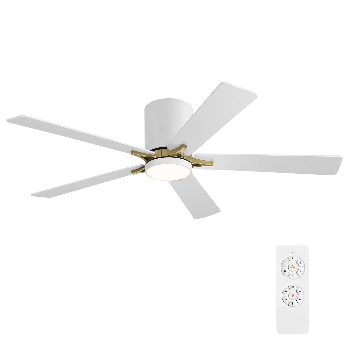 WINGBO 52" DC Flush Mount Ceiling Fan with Lights, 5 Plywood Blades, 6-Speed Reversible DC Motor, 3CCT, Low Profile Hugger Ceiling Fan for Living Room Bedroom Kitchen, White and Brass